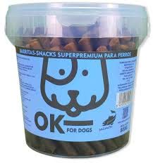 OK FOR DOGS Barritas de Buey/Pollo/Cordero o Salmón con Arroz Snack y Premio Saludable para Perros - Bote con Asa y Cierre 800 gr (Salmón & Arroz)