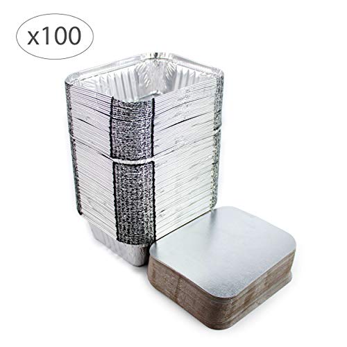 Lote de 100 bandejas de aluminio desechables con tapa para transportar alimentos, congelar, cocinar (500 ml)