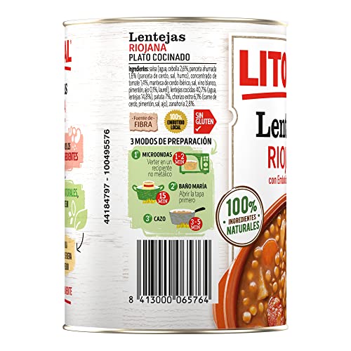LITORAL Lentejas Riojana - Plato Preparado Sin Gluten - 425g - Pack de 6x425g - Total: 2.55kg