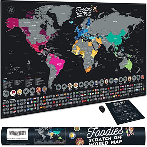 Bonanzana - Mapa del mundo para rascar XXL - 70 x 42 cm - Con 25 alimentos y 197 banderas - Mapa del mundo para rascar Foodies con raspador - Mapa del mundo - Regalo