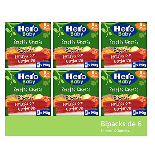 Hero Baby Recetas Caseras Tarritos de Lentejas con Verduritas, - Para Bebés a Partir de los 8 Meses - 6 Packs de 2 x 190 gr