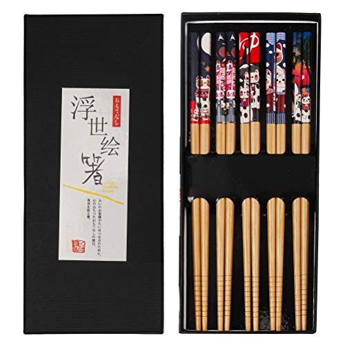 nuoshen Juego de palillos de regalo, estilo japonés, 5 pares de palillos reutilizables de madera natural, con lujosa caja negra hecha a mano para sushi, fideos, arroz, ramen