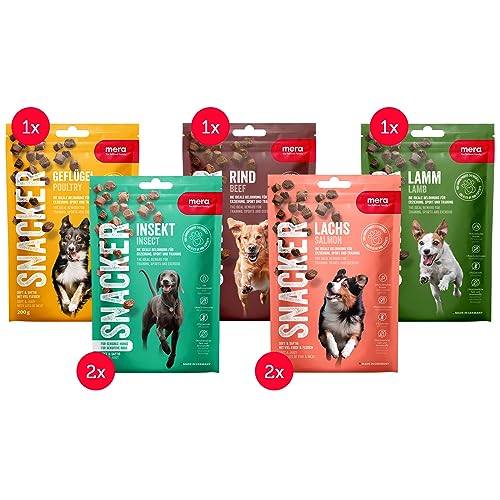 mera Snacker Special Mix Pack sin Cereales (7 x 200 g), Deliciosa golosina para Perros para Entrenamiento o como Aperitivo, con salmón, Insectos, Aves, Cordero y Ternera