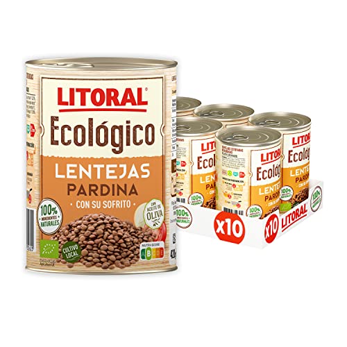 LITORAL Lentejas ecológicas con su sofrito variedad pardina -Plato cocinado sin gluten - Pack de 10x420g - Total: 4,2kg