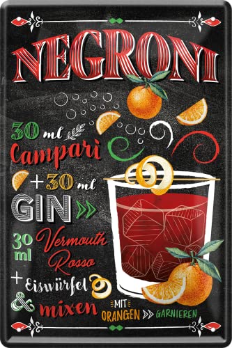 WOGEKA ART Cartel retro de chapa – Negroni – Gin Vermouth Cocktail Receta como idea de regalo de cumpleaños Navidad para decoración de casa bar Pub 20 x 30 cm, diseño vintage de metal 648