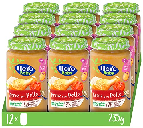 Hero Baby - Tarritos de Arroz con Pollo, Alimento Infantil para Bebés a Partir de los 6 Meses, 100% Ingredientes Naturales, Sin Aceite de Palma, Almidón, ni Sal Añadida - 12 x 235 g