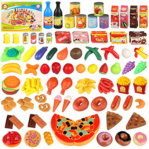 Alimentos de Juguete, joylink 139pcs Comida Cocina Juguete Set Cortar Frutas Verduras Pizza Juego de Plástico para Niños, Juguete Imitación Juego de rol para 3+ Años Niños